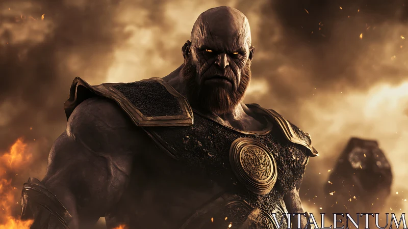 Armored titan warrior in volcanic battlefield with embers