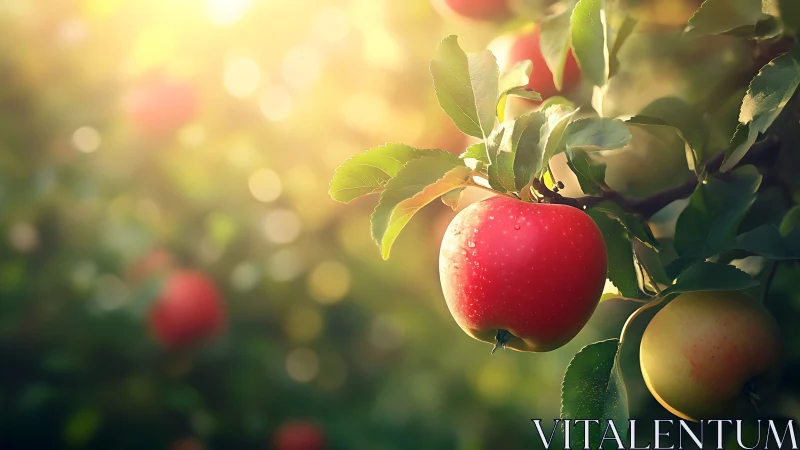 Red apples on tree branch in soft backlit orchard scene.