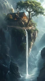 Clifftop house overlooks vertical waterfall in misty gorge
