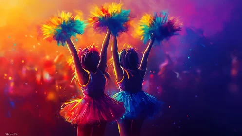 Vibrant digital painting of two cheerleaders in neon light.