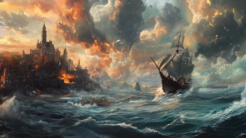 Stormlit fortress shore and brave galleon in wild seas.
