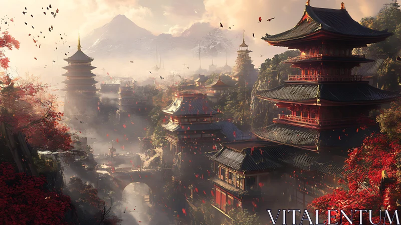 Fantasy mountain valley city with towering red pagodas.