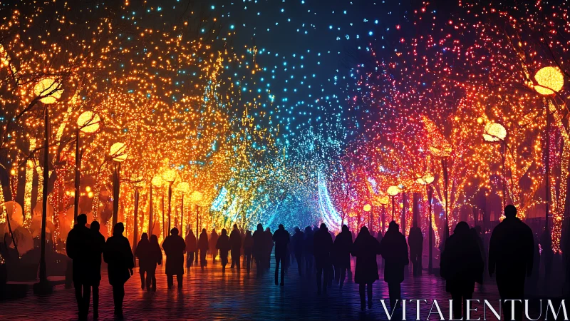 Night promenade under radiant multicolor festival canopy.