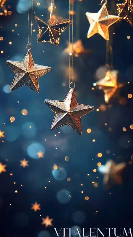 Golden star ornaments glow against deep blue bokeh night