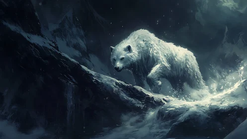 White predator traversing icy ridge in stormy terrain.