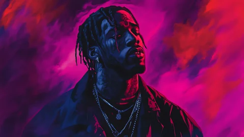 Neon portrait of tattooed singer against vivid clouds.