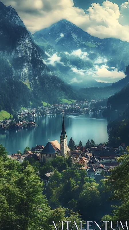 Mountain lake village rests in tranquil emerald morning light