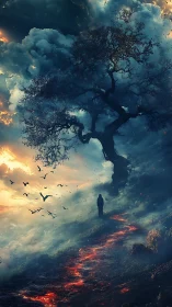 Solitary figure on molten path beneath cloudbound tree.