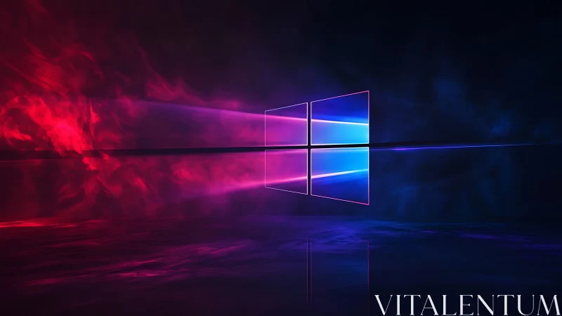 Glowing window logo rises in vivid neon pink and blue light