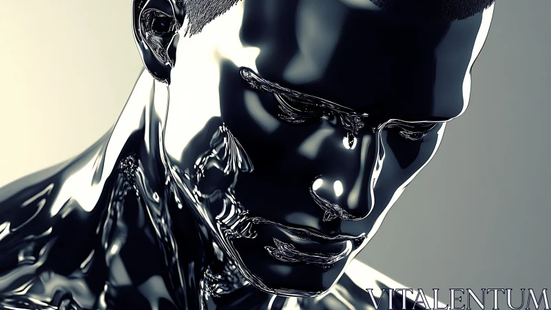 Chromed humanoid bust with liquid-metal surface topology study.