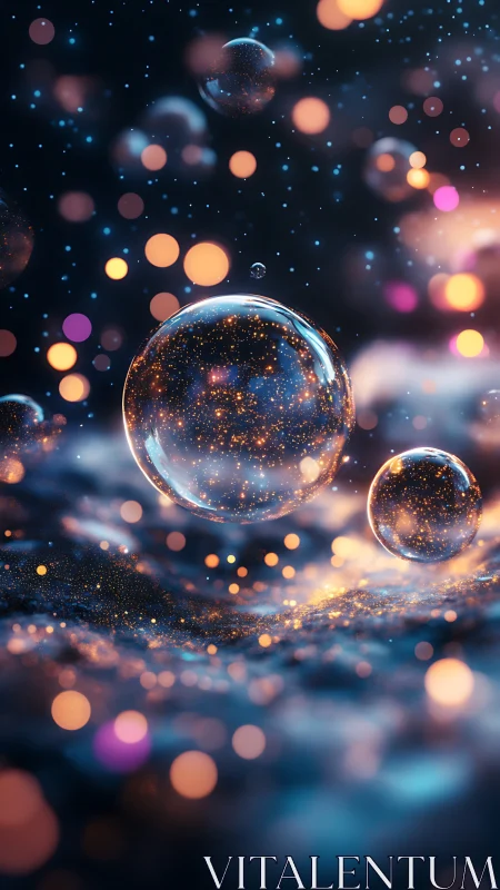 Glowing bokeh orbs and floating spheres in deep blue space.