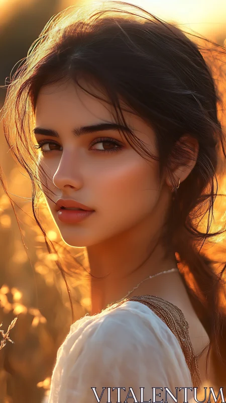 Sunlit portrait of a young woman in golden evening fields
