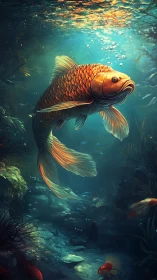 Golden koi drifting through a dreamy underwater forest.