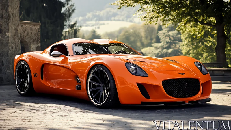 Low-angle render showcases glossy orange supercar in daylight