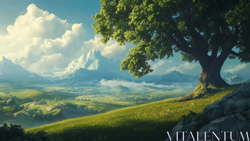 Sunlit valley meadow beneath towering ancient oak tree.