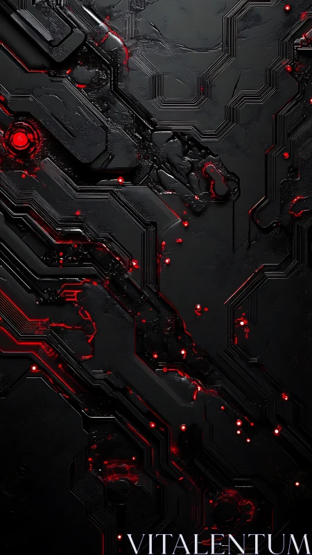Red-luminous cybernetic circuit substrate under thermal stress.