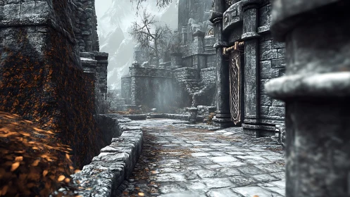 Desaturated stone citadel corridor with high-detail foliage accent