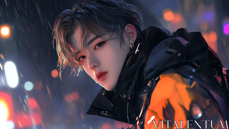 Rain-soaked youth in neon city, cinematic close portrait.