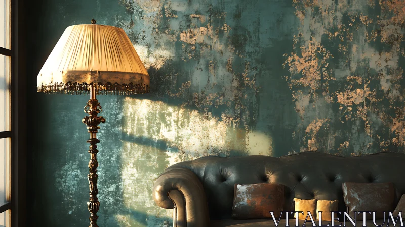 Gilded floor lamp and tufted leather sofa in moody side light