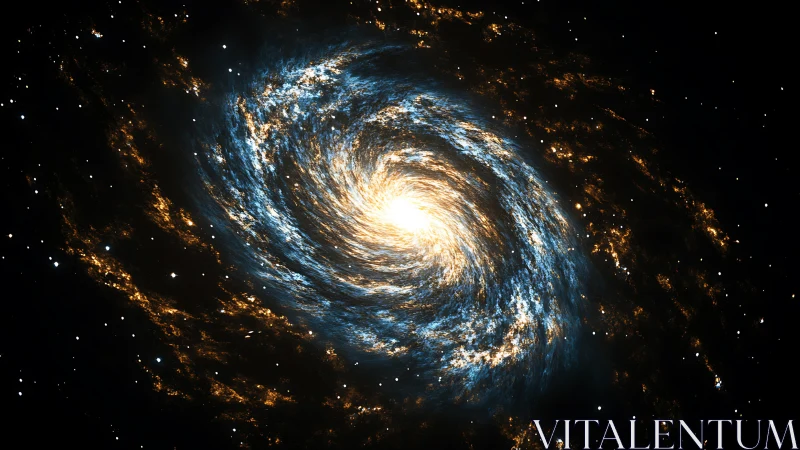 Luminous spiral galaxy core radiates within deep black space