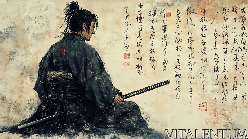 Samurai in contemplative seiza before calligraphic parchment field.
