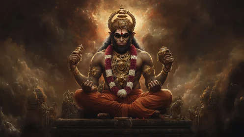 Four-armed Hanuman deity in dynamic seated posture, storm sky