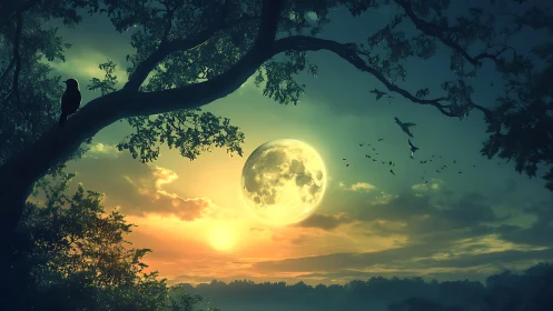 Moonlight slips between branches while dawn quietly answers