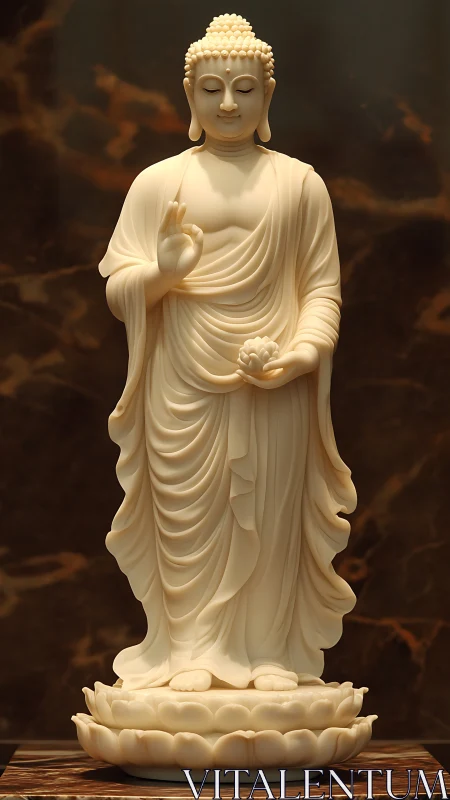 Sculpted standing Buddha figure is positioned on lotus base