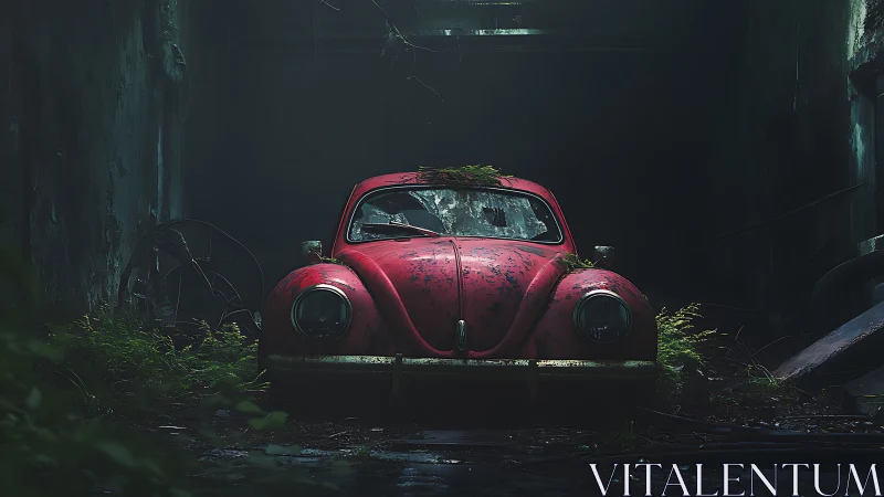 Rust-red beetle car decays in overgrown industrial ruin.