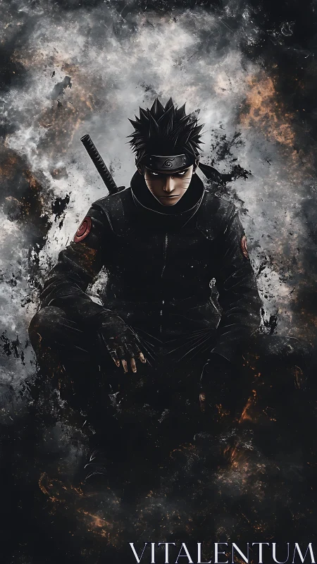 Shadow-clad anime ninja poised within burning smoke field.