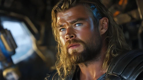 Stoic space warrior bathed in soft cosmic daylight.