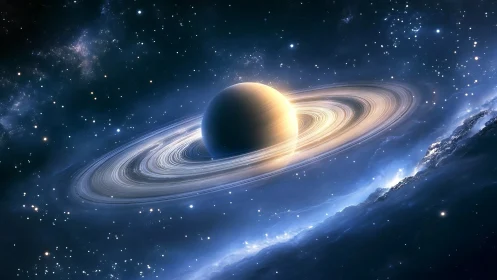 Ringed gas giant drifts through luminous blue starfield.