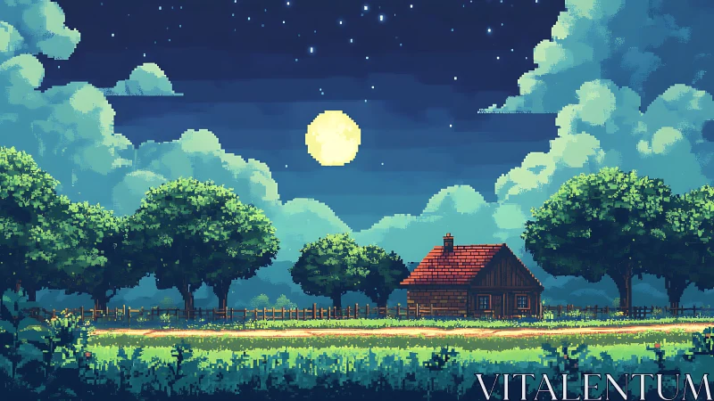 Pixel art cottage under bright full moon and stars.