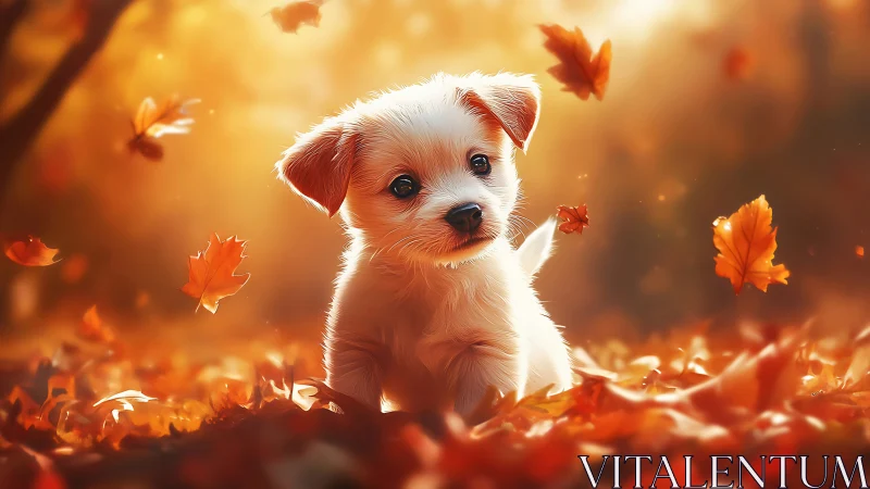 Backlit white puppy in shallow depth of field autumn leaves scene