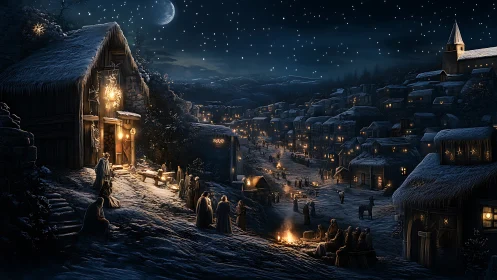 Nativity hillside village rendered in atmospheric night lighting
