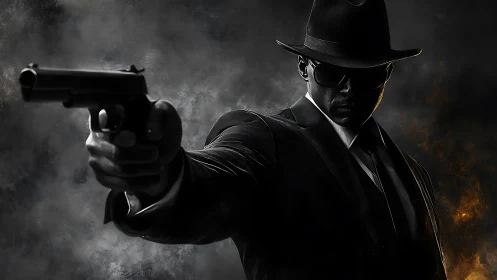 Shadowy noir gunman steps forward in a bold dramatic pose