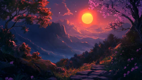 Mountain valley landscape with large sun and stone path.