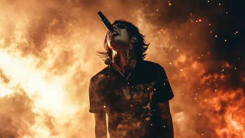 Vocalist silhouetted against intense fiery stage backdrop.