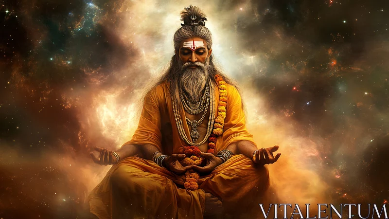 Cosmic sage meditates in luminous golden nebula calm