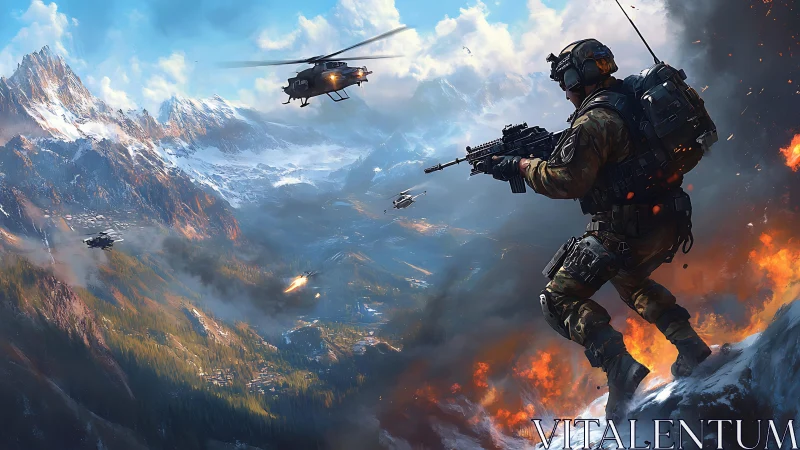 Tactical infantry overwatch monitors rotary-wing assault in alpine theater