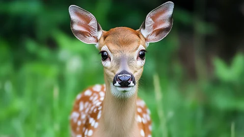 High-clarity frontal portrait of white-tailed fawn with shallow depth