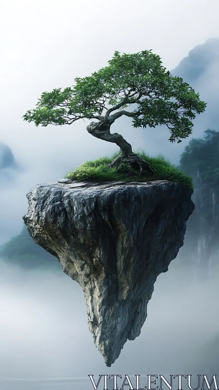 Floating rock island holds windswept bonsai above mist