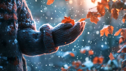Gloved hand holds autumn leaf amid shallow depth of field
