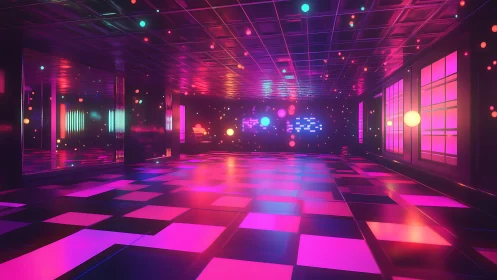 Neon dance floor glows under floating digital light orbs.