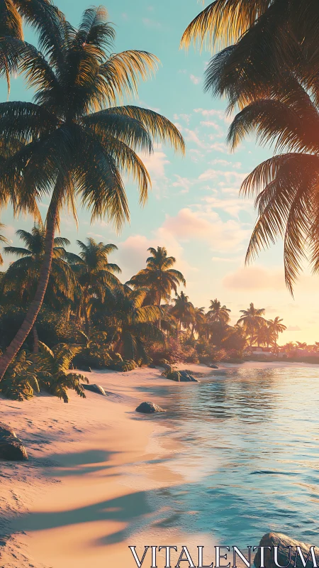 Tropical Beach at Golden Hour with Palm Trees