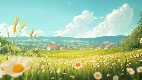 Sunlit daisy meadow frames quiet red-roof village horizon.