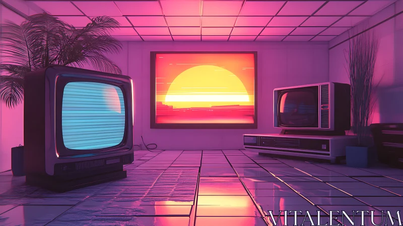 Retro televisions bask in neon sunset glow and tiled reflections