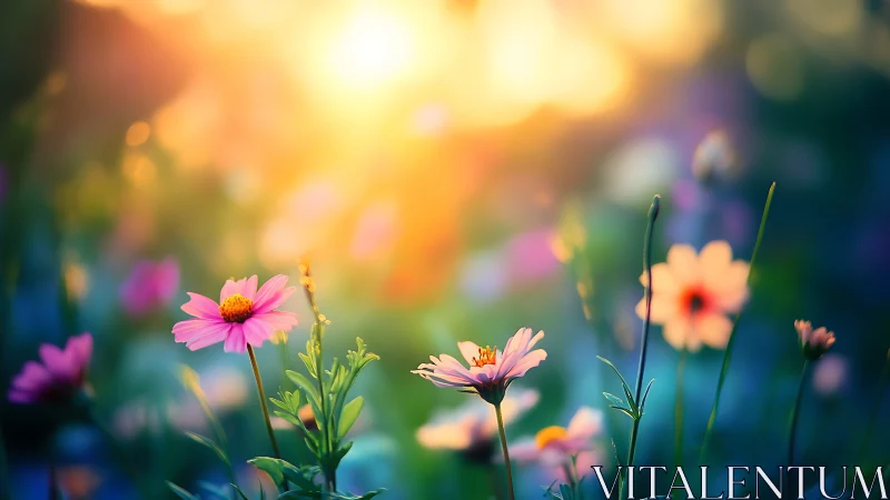 Shallow depth-of-field wildflowers under intense backlit sunset glow