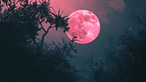 Crimson moonrise framed by silhouetted twilight forest canopy.