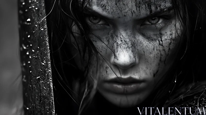 Monochrome warrior portrait with rain scored battle patina.